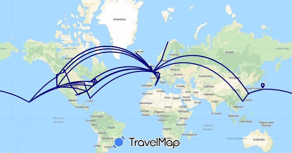 TravelMap itinerary: driving in Canada, Switzerland, China, Germany, Spain, United Kingdom, Hong Kong, Ireland, Iceland, Japan, Norway, United States (Asia, Europe, North America)